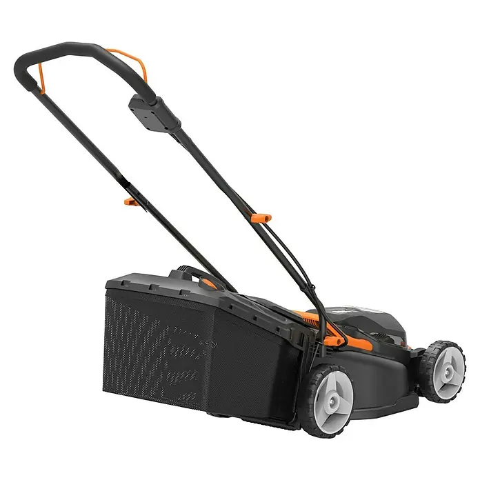 Worx PowerShare 20V Akku-Rasenmäher WG779E.1 - 20 V, 2 Akkus, 4 Ah, Schnittbreite: 34 cm - Ein Rasenmäher mit Grasfangkorb, ideal für Gartenarbeiten. Der Rasenmäher ist schwarz mit orangen Akzenten.