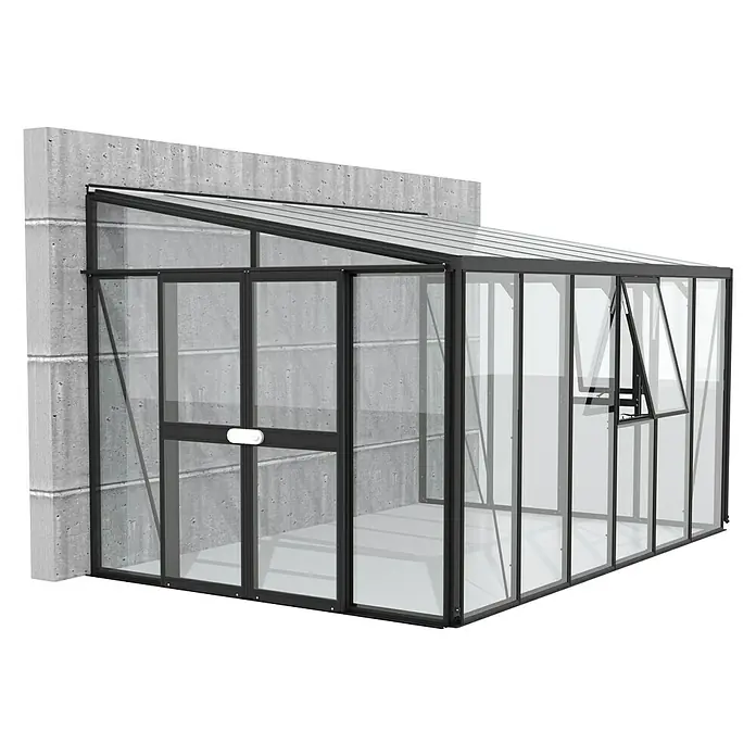 Vitavia Gewächshaus Helena 10200 - Außenmaß inkl. Dachüberstand (B x T): 397 x 266 cm, 3 mm, Schwarz - Ein modernes Gewächshausanbau mit robustem Rahmen und klaren Glasplatten für optimale Pflanzenzucht. Ideal für den Garten.