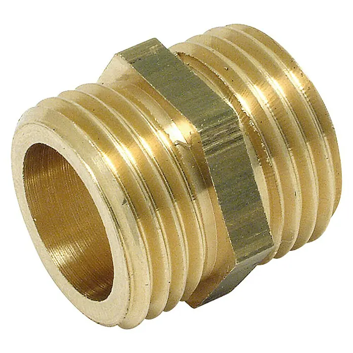 Machón doble - Rosca exterior: 1″ - Niple de latón para tuberías de agua. La pieza de latón tiene roscas en ambos lados para conectar a otras tuberías.