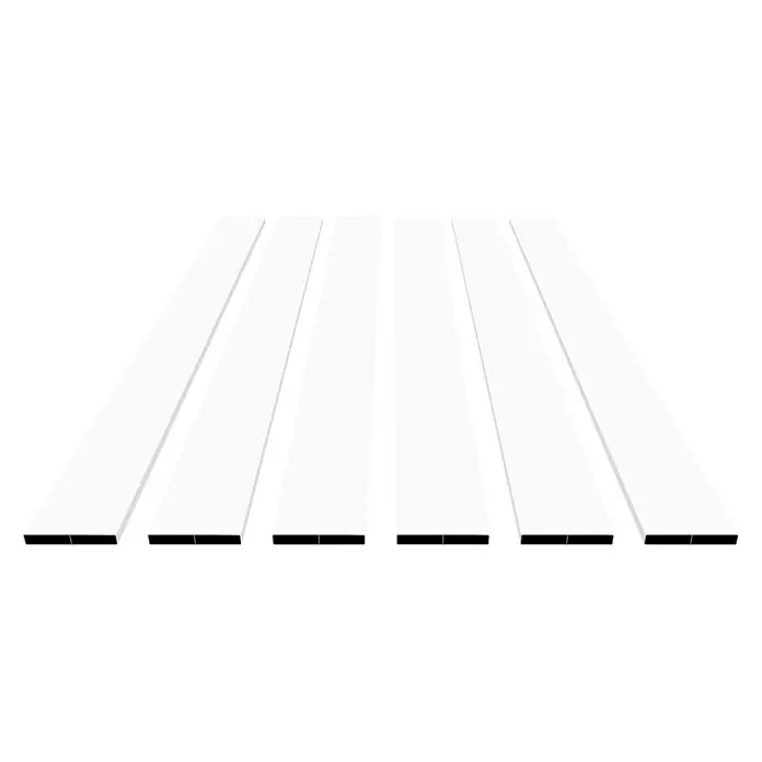 Dioco Valla Smartwall doble - 179 x 200 cm, Blanco, Aluminio - Esta imagen muestra una disposición de seis objetos blancos y alargados colocados uno al lado del otro, creando un elemento de diseño minimalista y moderno.