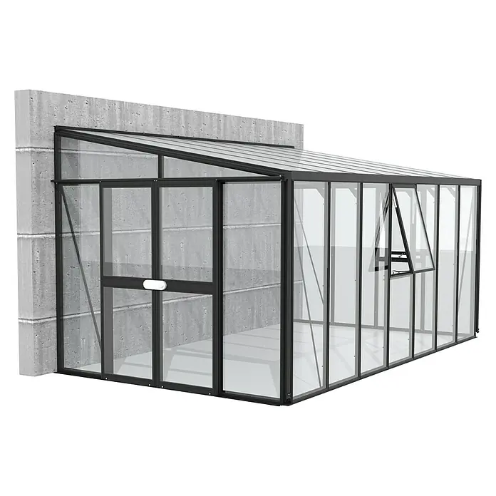Vitavia Gewächshaus Helena 11900 - Außenmaß inkl. Dachüberstand (B x T): 460 x 266 cm, 3 mm, Schwarz - Nahaufnahme eines Anlehngewächshauses mit schwarzem Rahmen und Öffnungsfenster, das an einer Betonmauer befestigt ist.