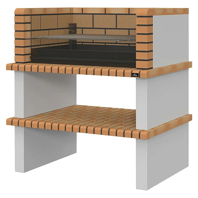 Collippo Nisa Barbacoa de obra - An x Pr x Al: 124 x 80,5 x 130 cm, Superficie parrilla: 97 x 60 cm, Marrón - Imagen de una barbacoa de ladrillo para exteriores con estantes, ideal para fiestas en el jardín. La barbacoa destaca por su diseño rústico y construcción sólida.