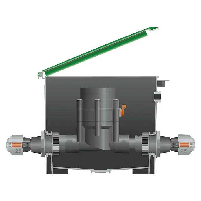 Gardena Sprinklersystem Bewässerungsventil - 24 V, Größe Anschluss: 1″ - Ansicht des Wasserverteilers mit offenem Deckel, der seine interne Konfiguration und Konstruktion zeigt.