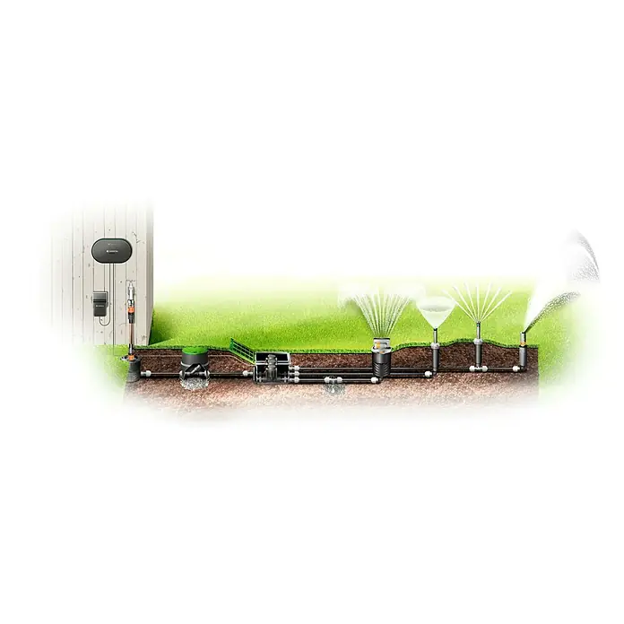 Gardena Sprinklersystem Ventilbox V3 - Passend für: 3 Bewässerungsventile - Abbildung eines Gardena Bewässerungssystems, das eine effiziente und automatische Gartenbewässerung durch smarte Steuerung und unterirdische Installation zeigt.