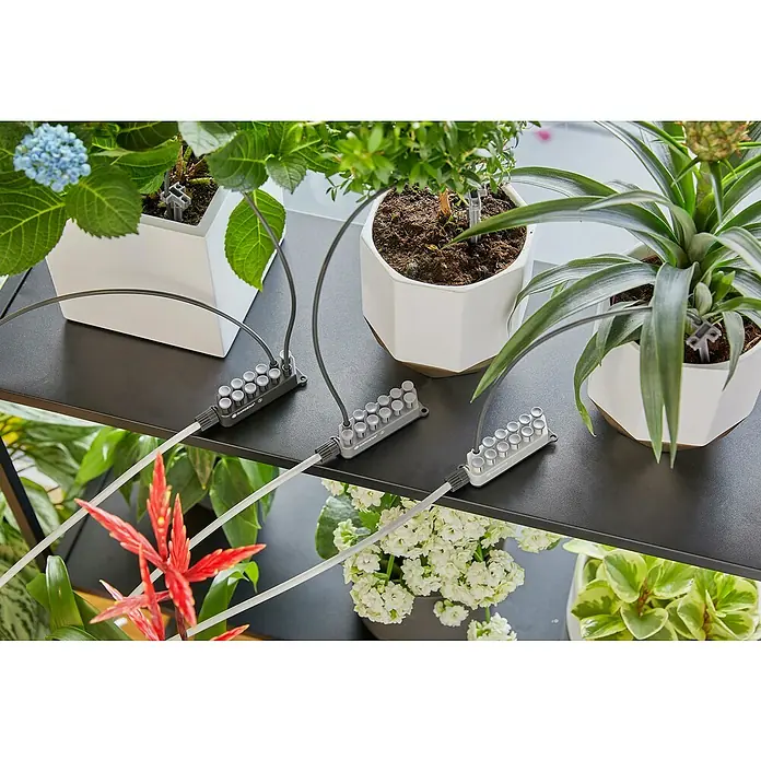 Gardena Micro-Drip Urlaubsbewässerung - Passend für: Für bis zu 36 Topfpflanzen - Nahaufnahme eines Bewässerungssystems von Gardena, das Zimmerpflanzen automatisch bewässert und somit die Pflege vereinfacht.