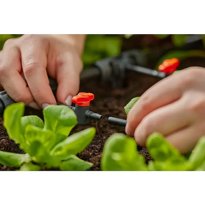 Gardena Micro-Drip Verlegerohr - Länge: 50 m, ½″ - Nahaufnahme der Installation eines Bewässerungssystems für Pflanzen, mit Fokus auf Verbindungsstücke und Tropfer.