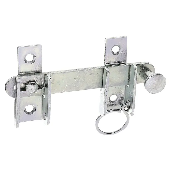 Stabilit Pestillo con bloqueo - An x Al: 120 x 65 mm, Zincado - Un cerrojo deslizante plateado con soportes de montaje y un anillo, ideal para portones y puertas.