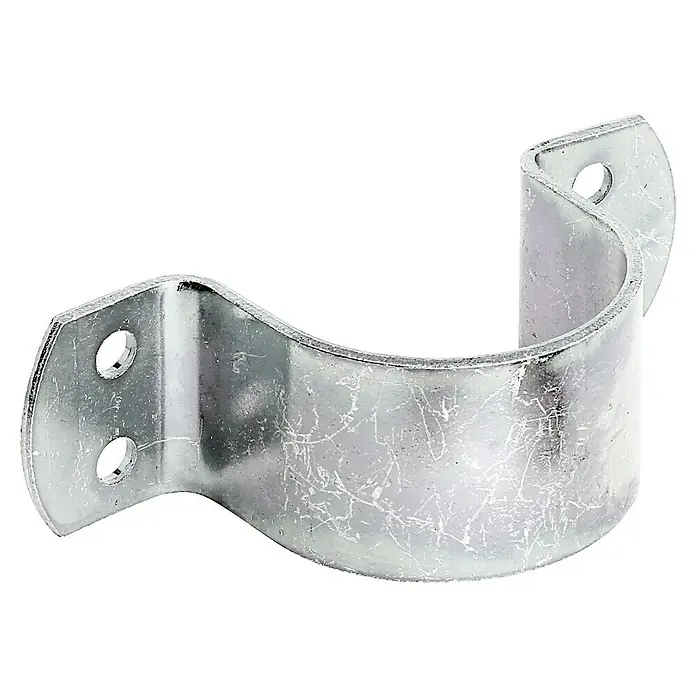 Stabilit Abrazadera para tubo - L x An x Al: 61 x 40 x 3 mm, Acero - Primer plano de una abrazadera de tubo de acero galvanizado en forma de U con orificios de montaje, diseñada para estabilidad.