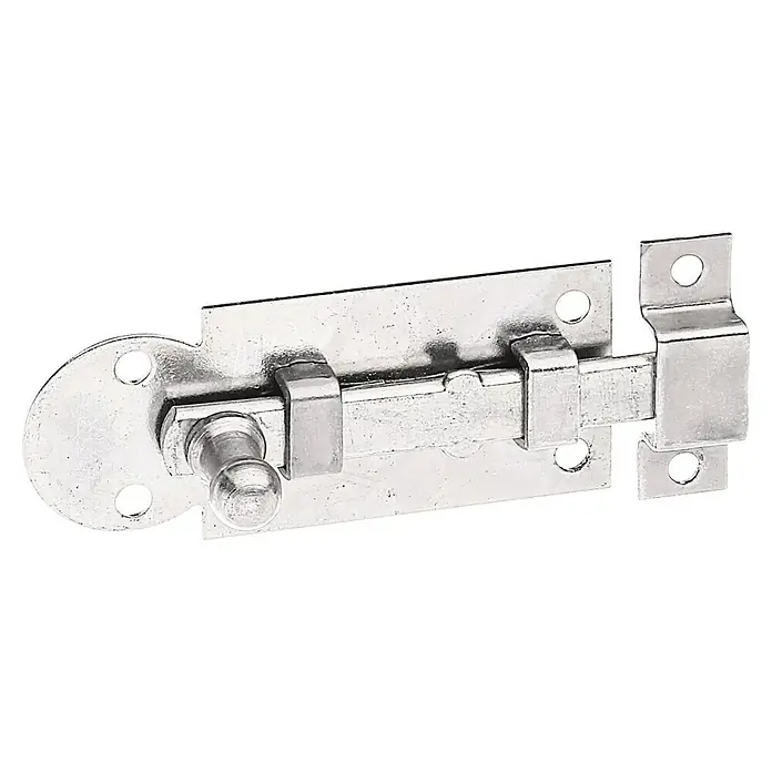 Stabilit Fensterriegel - 60 x 25 mm - Nahaufnahme eines silbernen Schubriegels, der für zusätzliche Sicherheit an Türen oder Toren verwendet wird. Robustes Metall sorgt für Zuverlässigkeit.