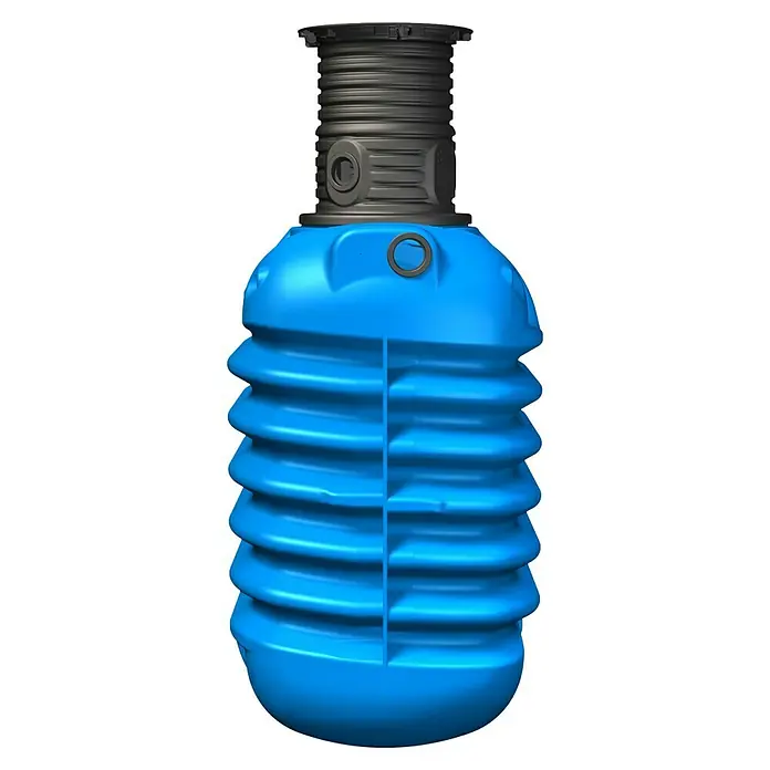 4rain Zisterne Modularis - Gesamt Fassungsvermögen: 2.500 l, Blau - Das Bild zeigt eine blaue Regentonne mit einem grauen Deckel, die auf einem schwarzen Hintergrund steht. Die Tonne hat eine gerippte Textur.