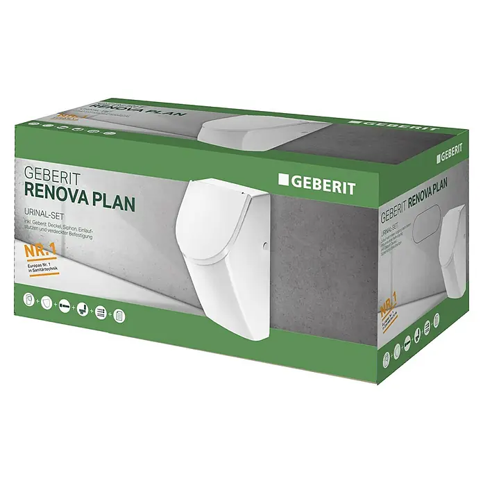 Geberit Renova Plan Urinal-Komplettset - Mit Urinaldeckel, Unbeschichtet, Zulauf: Hinten, Druckspülung, Farbe: Weiß - Produktverpackung für ein Geberit Renova Plan Urinal-Set mit dem Urinal und zugehörigem Deckel abgebildet.
