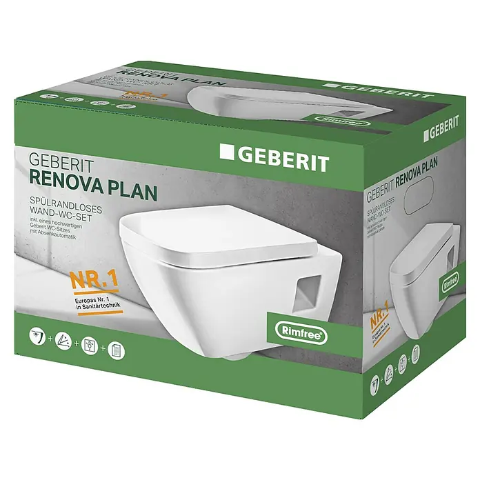 Geberit Renova Plan Wand-WC-Set - Spülrandlos, Ohne Spezialglasur, Spülform: Tief, WC Abgang: Waagerecht, Teilgeschlossene Form - Verpackung einer wandhängenden Geberit Renova Plan Toilette mit spülrandlosem Design und Absenkautomatik für den WC-Sitz.