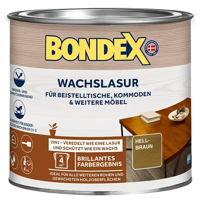 Bondex Wachslasur - Hellbraun, 250 ml, Seidenmatt - Farbdose Bondex Wachslasur hellbraun für Möbel, wasser- und schmutzabweisend, ideal für rohe und gewachste Holzoberflächen, Inhalt ca. 4 m².