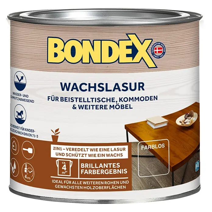 Bondex Wachslasur - Farblos, 250 ml, Seidenmatt - Dose Bondex Wachslasur für Beistelltische, Kommoden & Möbel. Wasser- und Schmutzabweisend, Farblos, ideales Farbergebnis für Holzoberflächen.