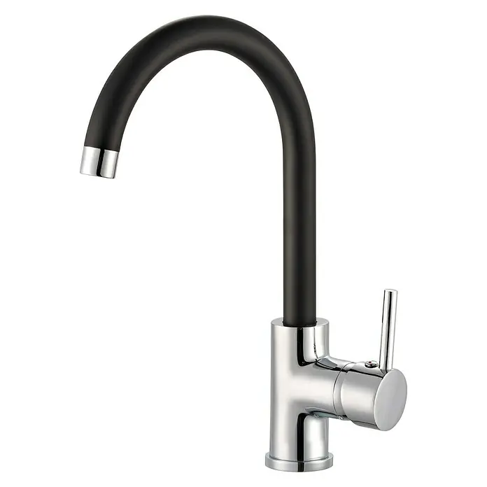 Rousseau Grifo de cocina Ilo - Negro/Cromado, Brillante - Elegante grifo de cocina con cuello de cisne negro y detalles cromados brillantes. Diseño elegante para cocinas modernas.