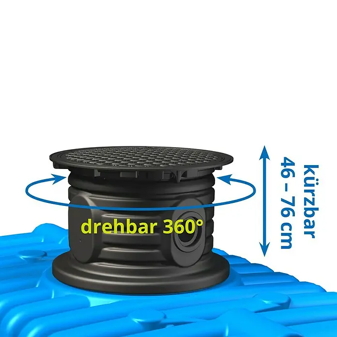 4rain Flachtank Komplettpaket Flat S Garten-Comfort - Gesamt Fassungsvermögen: 3.000 l, Mit Pumpe, Mit Filter - Bild eines schwarzen, drehbaren 360° Revisionsschachts mit einer Höhe von 46–76 cm auf einem blauen Untergrund.