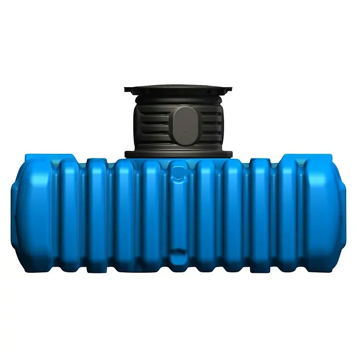 4rain Flachtank Komplettpaket Flat S Garten-Comfort - Gesamt Fassungsvermögen: 3.000 l, Mit Pumpe, Mit Filter - Blauer, gerippter Kunststofftank mit schwarzem, zylindrischem Aufsatz. Robuster und langlebiger Wassertank für den Außenbereich.