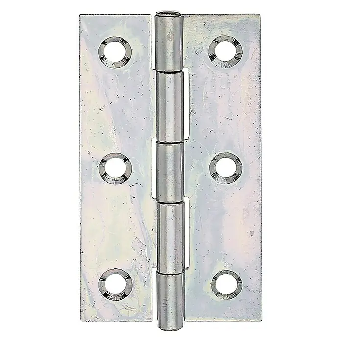 Stabilit Scharnier - L x B: 80 x 41 mm, Silber, Verzinkt - Nahaufnahme eines silbernen Türscharniers mit sechs Löchern.