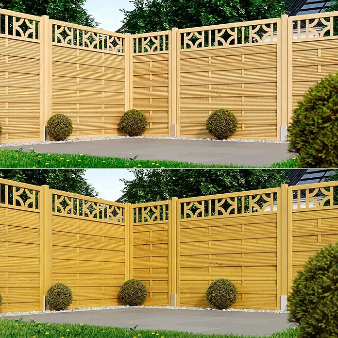 swingcolor Premium Holzlasur - Eiche, 750 ml, Seidenglänzend - Eine moderne Holzzaun-Konstruktion mit dekorativem Oberteil und integrierten Zierelementen, umgeben von Grünflächen und Zierbüschen.