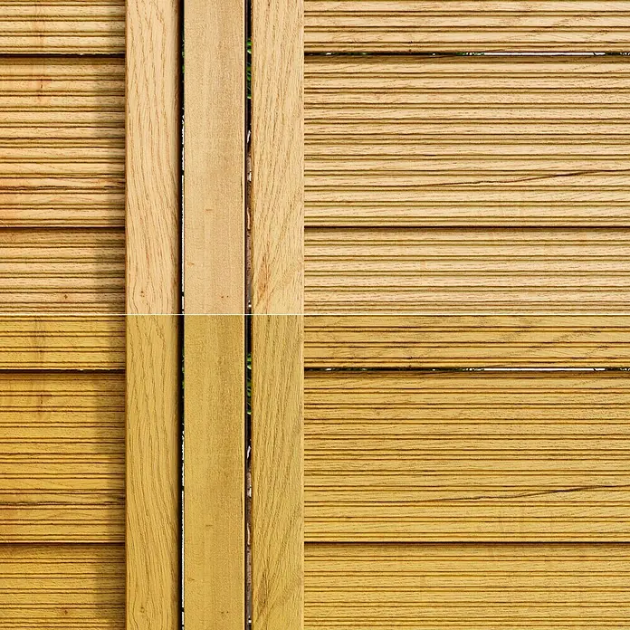 swingcolor Premium Holzlasur - Eiche, 750 ml, Seidenglänzend - Nahaufnahme einer hellbraunen Holzwand mit horizontalen Brettern und vertikalen Stützen, die eine natürliche Textur und Wärme ausstrahlt.