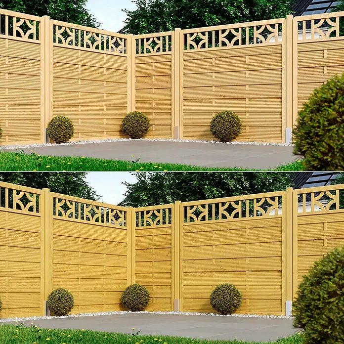 swingcolor Premium Holzlasur - Kiefer, 4 l, Seidenglänzend - Bild einer Holzzaunstruktur mit dekorativen Ausschnitten und kleinen, runden Büschen davor, die eine natürliche und ansprechende Gartenbegrenzung zeigen.