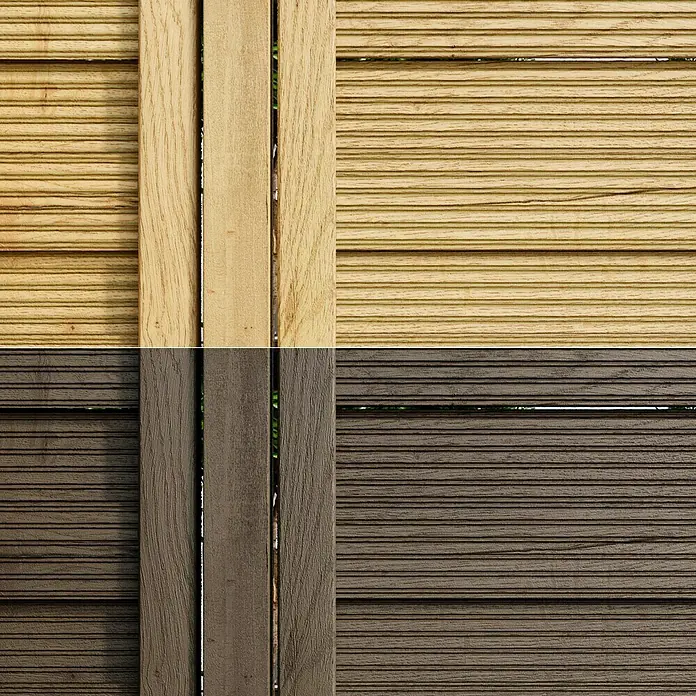 swingcolor Premium Holzlasur - Ebenholz, 750 ml, Seidenglänzend - Nahaufnahme von Terrassendielen in zwei verschiedenen Farben, die die natürliche Holzstruktur und Farbvielfalt hervorheben.