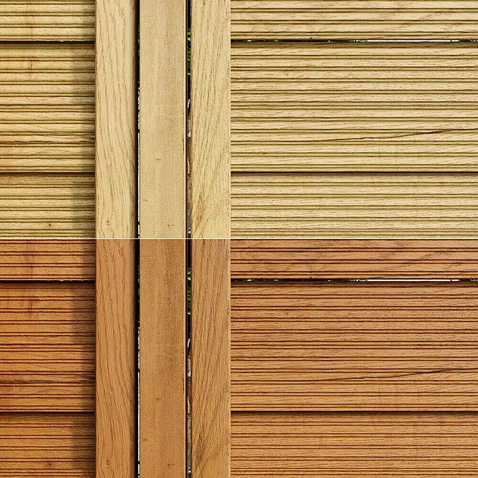 swingcolor Premium Holzlasur - Teak, 4 l, Seidenglänzend - Nahaufnahme einer Holzwand mit unterschiedlichen Holzfarben und -strukturen, die ein natürliches und rustikales Aussehen verleihen.