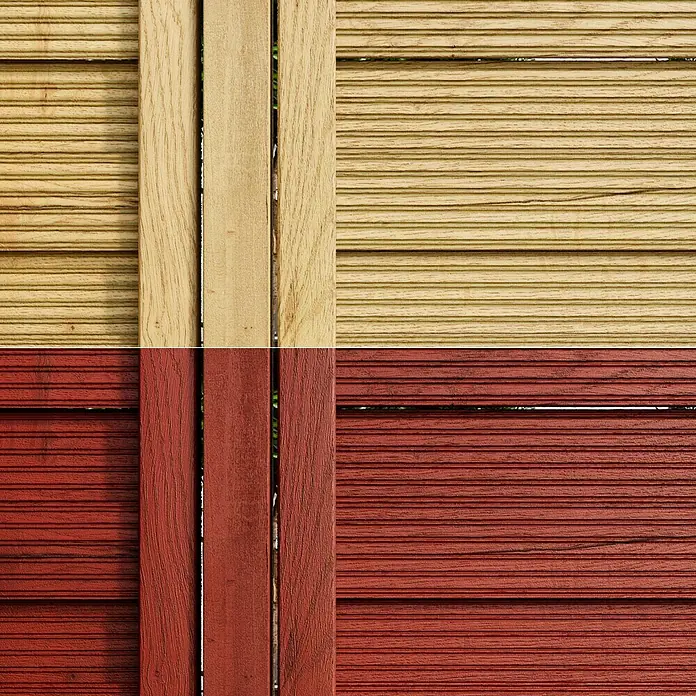 swingcolor Premium Holzlasur - Mahagoni, 750 ml, Seidenglänzend - Nahaufnahme einer Holzgartenstruktur, die eine natürliche und rot gebeizte Oberfläche zeigt und die rustikale Textur hervorhebt.