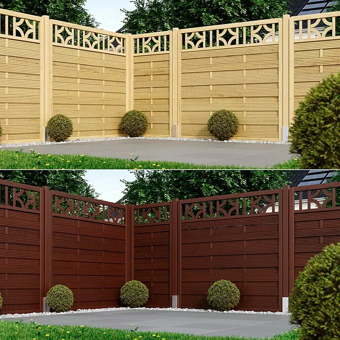 swingcolor Premium Holzlasur - Palisander, 4 l, Seidenglänzend - Holzzaun in zwei verschiedenen Farben, helles Holz und dunkles Holz, mit dekorativen Ausschnitten.