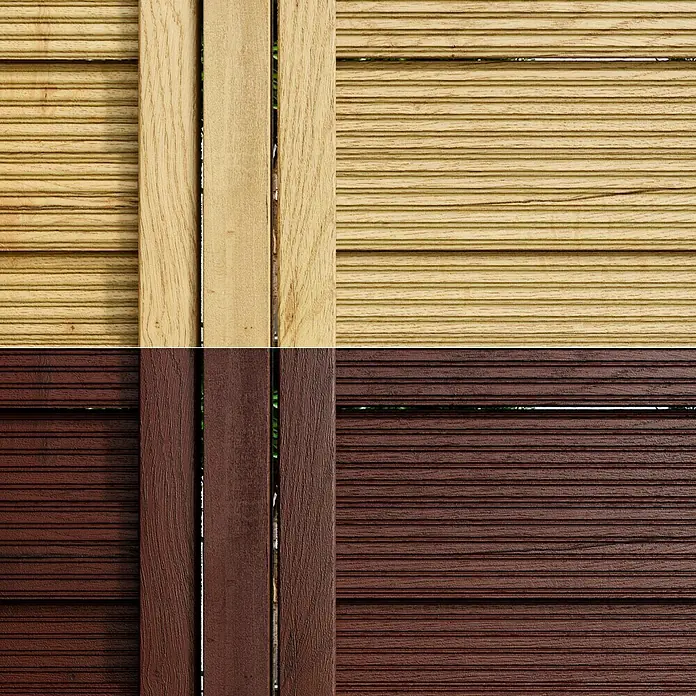 swingcolor Premium Holzlasur - Palisander, 4 l, Seidenglänzend - Nahaufnahme eines stilvollen Holzzauns in hellen und dunklen Farbtönen, der die natürliche Maserung und Textur des Materials hervorhebt.