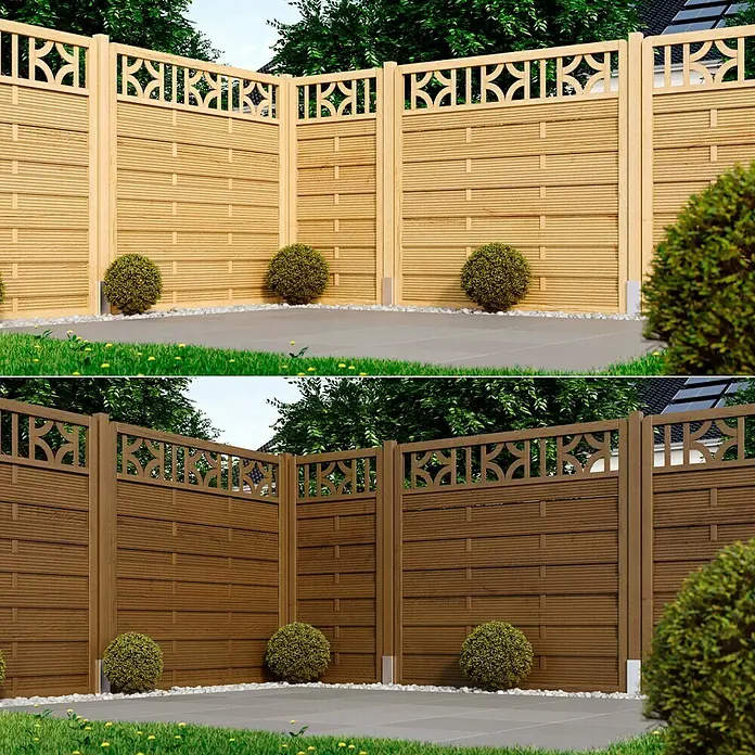 swingcolor Premium Holzlasur - Nussbaum, 4 l, Seidenglänzend - Zwei Produktansichten eines dekorativen Holzzauns mit horizontalen Lamellen und einem verzierten oberen Rand.