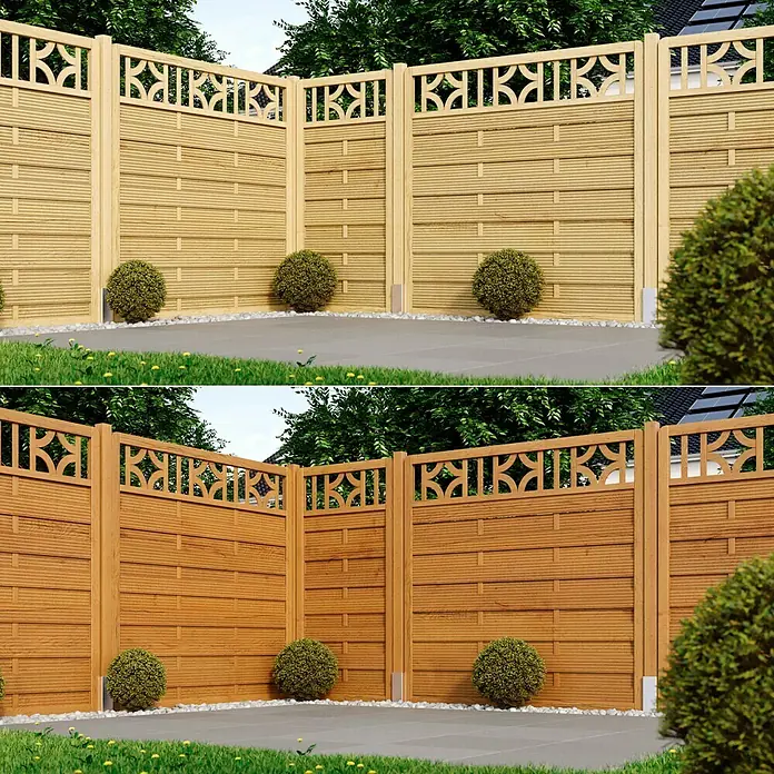 swingcolor Premium Holzlasur - Teak, 4 l, Seidenglänzend - Eine hölzerne Lärmschutzwand mit einem attraktiven Design, ideal für Privatsphäre und Gartengestaltung.