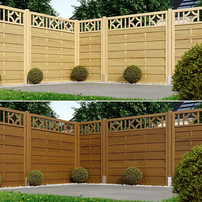 swingcolor Premium Holzlasur - Kastanie, 750 ml, Seidenglänzend - Holzgartenzäune in heller und dunkler Ausführung. Die Zäune haben ein dekoratives Muster und integrierte kleine Büsche als Blickfang.