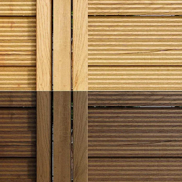 swingcolor Premium Holzlasur - Nussbaum, 4 l, Seidenglänzend - Holzzaunpaneele in verschiedenen Farbtönen, die die natürliche Maserung und Textur des Holzes hervorheben.
