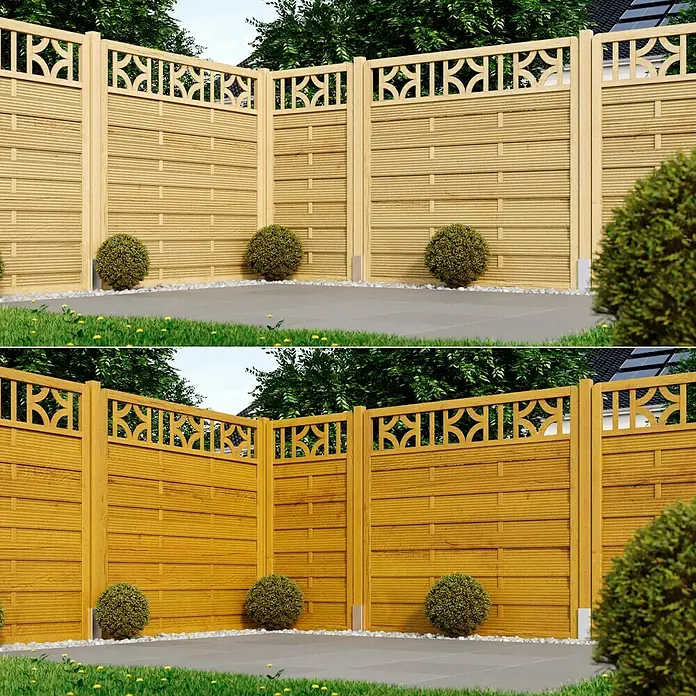 swingcolor Premium Holzlasur - Oregon Pine/Honig, 750 ml, Seidenglänzend - Eine dekorative Flechtzaunanlage aus Holz mit markanten Details. Die Zaunelemente bieten Privatsphäre und sind ein Blickfang im Garten.