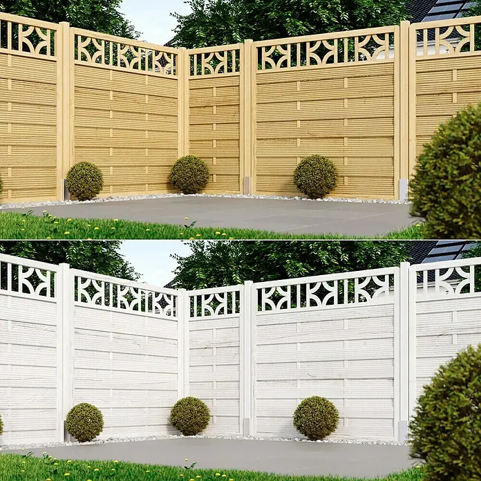 swingcolor Premium Holzlasur - Kalkweiß, 750 ml, Seidenglänzend - Das Bild zeigt einen Gartenzaun aus Holz mit dekorativen Ausschnitten, der sowohl in natürlicher Holzfarbe als auch in weißer Ausführung dargestellt wird.