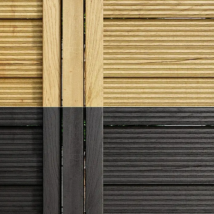 swingcolor Premium Holzlasur - Anthrazitgrau, 2,5 l, Seidenglänzend - Dieses Bild zeigt eine Holzfassade in zwei Farben, einmal in hellem Holz und einmal in dunklem Holz. Die Fassade besteht aus horizontalen Brettern.