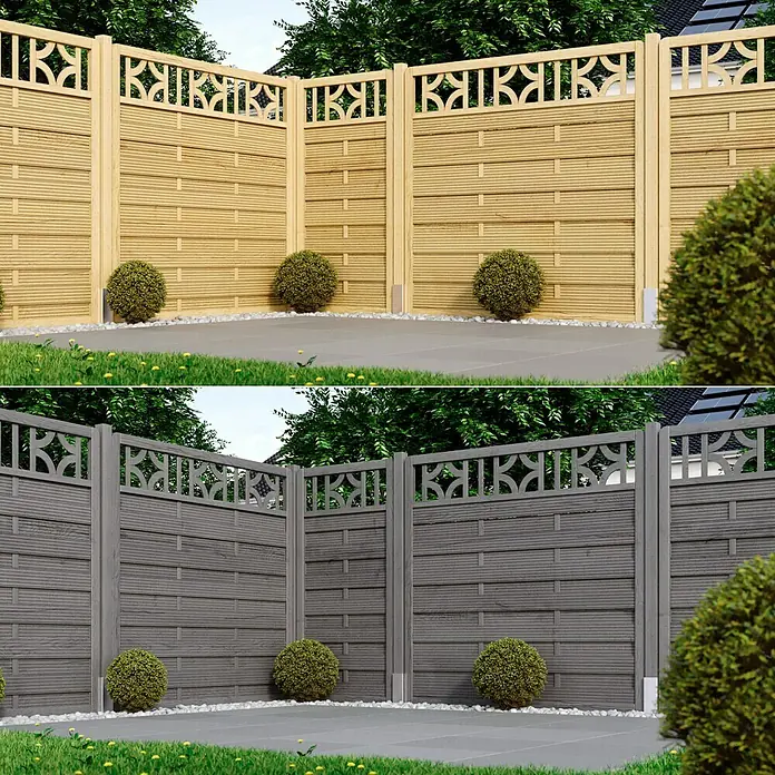 swingcolor Premium Holzlasur - Aluminiumgrau, 750 ml, Seidenglänzend - Zwei Holzzäune in verschiedenen Farben, die die Vielseitigkeit und das Design dieses Produkts hervorheben.