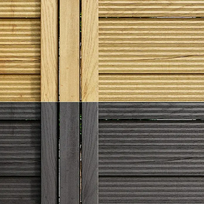 swingcolor Premium Holzlasur - Stahlgrau, 750 ml, Seidenglänzend - Nahaufnahme einer modernen Zaunfassade in Holz- und Grautönen, die eine stilvolle und langlebige Gestaltung für den Außenbereich zeigt.