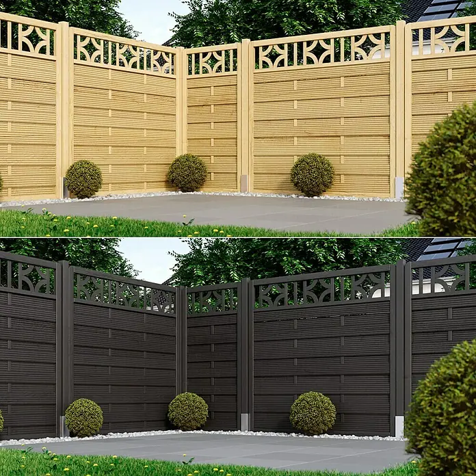 swingcolor Premium Holzlasur - Anthrazitgrau, 2,5 l, Seidenglänzend - Zwei Optionen für einen stilvollen Gartenzaun mit dekorativen Elementen und natürlicher oder dunkler Farbgebung.