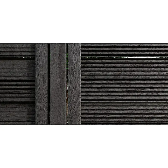 swingcolor Premium Holzlasur - Anthrazitgrau, 2,5 l, Seidenglänzend - Nahaufnahme eines modernen, anthrazitfarbenen Sichtschutzzauns aus WPC mit horizontalen Lamellen, der Privatsphäre und modernes Design vereint.