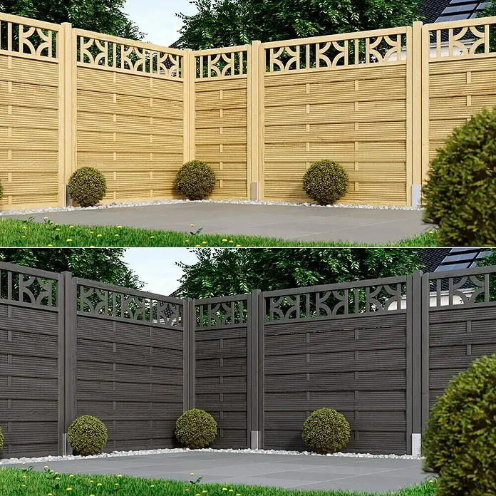 swingcolor Premium Holzlasur - Stahlgrau, 750 ml, Seidenglänzend - Bild von stilvollen Holzzäunen in natürlicher und grauer Ausführung, ideal für Garten oder Terrasse.