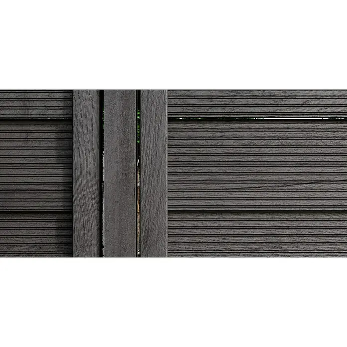 swingcolor Premium Holzlasur - Stahlgrau, 750 ml, Seidenglänzend - Nahaufnahme eines grauen Zauns aus horizontalen Latten mit vertikalen Stützpfosten, der Struktur und Design betont.
