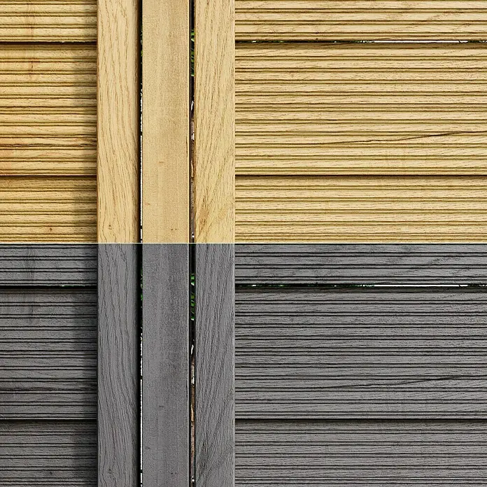 swingcolor Premium Holzlasur - Aluminiumgrau, 750 ml, Seidenglänzend - Bild einer Holzterrasse in zwei Farbvarianten: helles Holz und dunkles Grau, die die Textur und das Design des Terrassenbelags hervorheben.