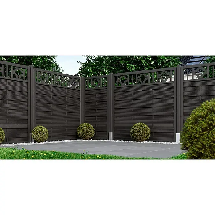 swingcolor Premium Holzlasur - Anthrazitgrau, 2,5 l, Seidenglänzend - Ansicht eines modernen, anthrazitfarbenen Sichtschutzzauns mit dekorativem Gittermuster und eleganten Details.