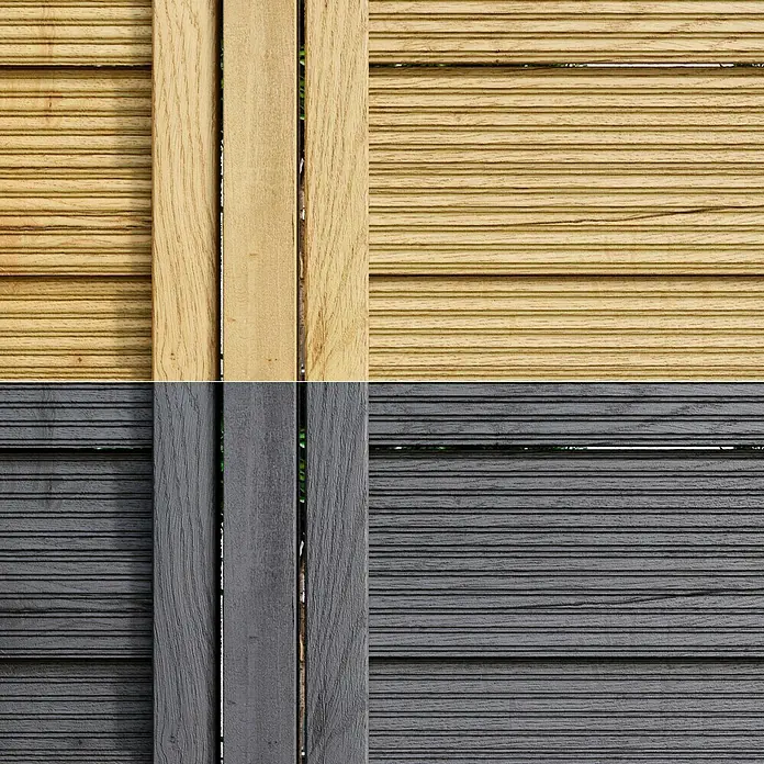 swingcolor Premium Holzlasur - Taubengrau, 750 ml, Seidenglänzend - Nahaufnahme eines Zauns mit horizontalen Brettern und vertikalen Pfosten, die die natürliche Holzmaserung und die graue Farbpalette hervorheben.