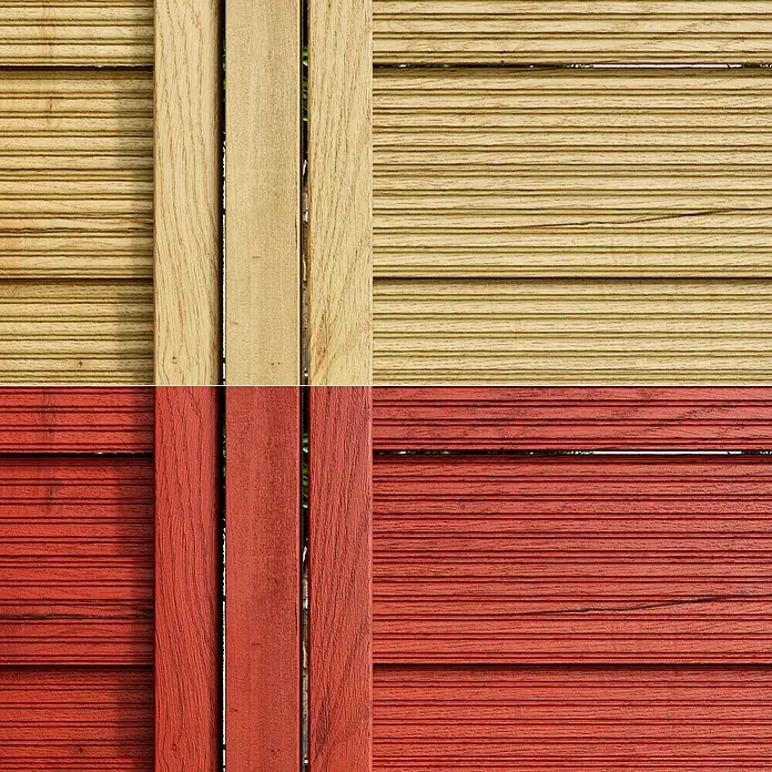 swingcolor Premium Holzlasur - Kirschrot, 750 ml, Seidenglänzend - Nahaufnahme von Holzpaneelen in Rot und Naturtönen, die eine rustikale und natürliche Ästhetik für den Innen- oder Außenbereich bieten.