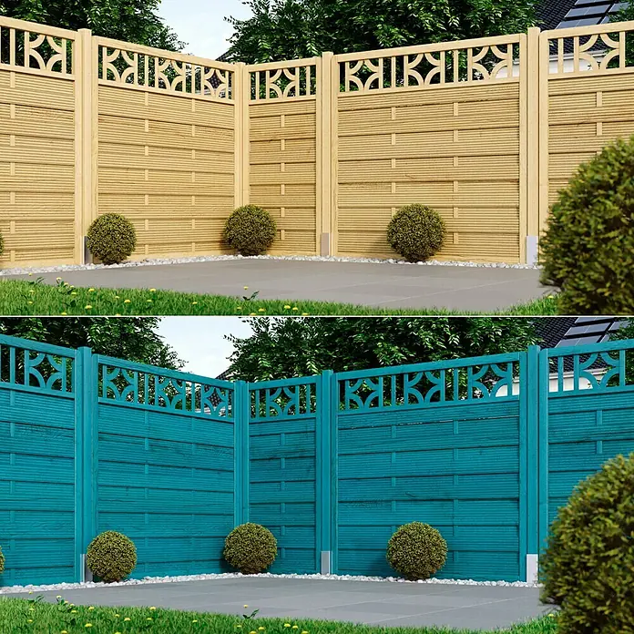 swingcolor Premium Holzlasur - Aquablau, 750 ml, Seidenglänzend - Ansicht eines dekorativen Holzgartenzauns in zwei Farbvarianten, naturholzfarben und türkis, ideal für die Gartengestaltung.