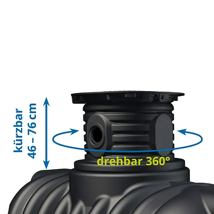 Zisterne Erdtank Primus 4200 L mit Profi-Abdeckung - Gesamt Fassungsvermögen: 4.200 l, 1 Stk., Schwarz - Produktabbildung eines flexiblen, drehbaren Tankschachts mit Höhenverstellbarkeit für den Außenbereich.