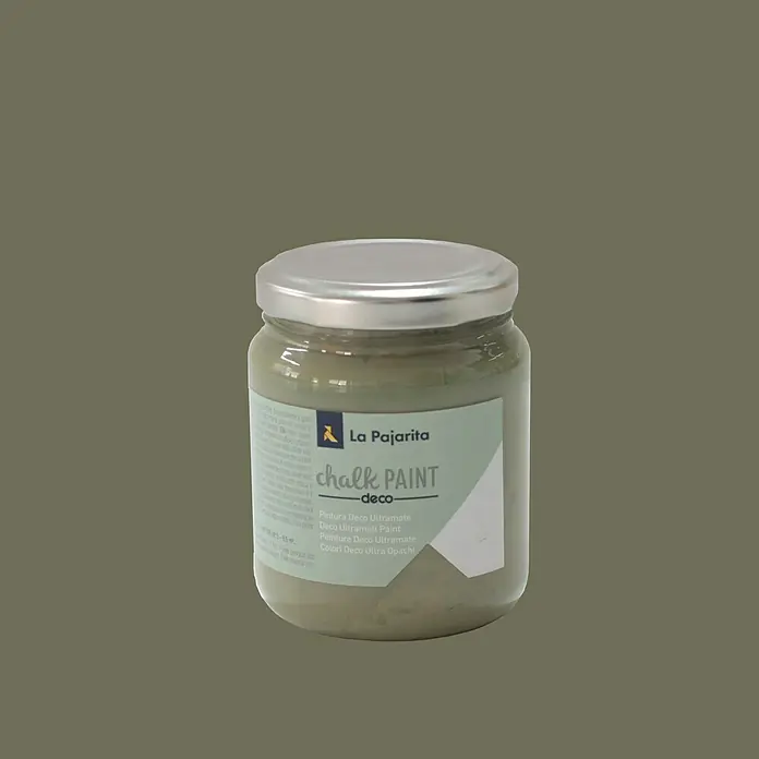 La Pajarita Pintura de tiza Chalk Paint - Agave, 175 ml, Mate - Primer plano de un tarro de pintura de tiza La Pajarita Deco, ideal para proyectos DIY y restauración de muebles, con un acabado mate.